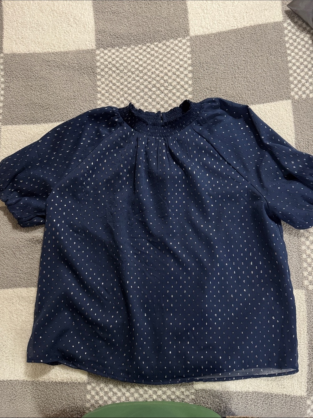 LOFT Navy Smocked Neck Short Puff Sleeve Blouse with White Dot Print